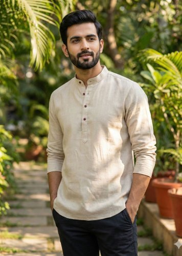  Tradition Premium Khadi Linen with Stylish Wooden Buttons for Casual Ans Festive Wear Mens Short Kurta Beige Color