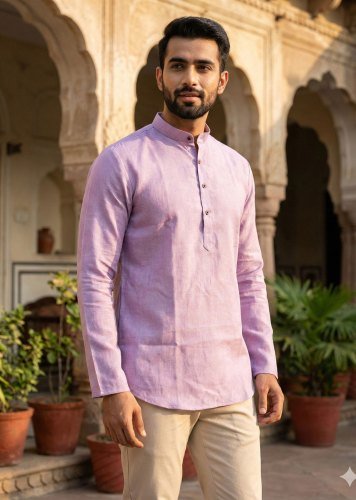  Tradition Premium Khadi Linen with Stylish Wooden Buttons for Casual Ans Festive Wear Mens Short Kurta Light Purple Color