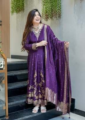 Traditional Anarkali Gown 3 Piece Kurti Set On Chanderi Base With Banarasi Zari Work Royal Blue Color