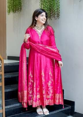 Traditional Anarkali Gown 3 Piece Kurti Set On Chanderi Base With Banarasi Zari Work Pink Color