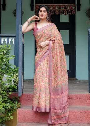 Traditional Charm with Unique Floral Patterns Linen Saree With Tassels Beige Color DN 109