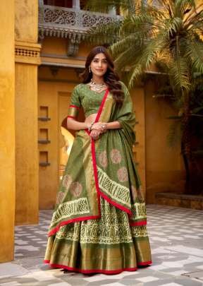 Traditional Elegance In Dola Silk Graceful Batik Art With Zari Weaving Designer Lehenga Choli Green Color DN 1252
