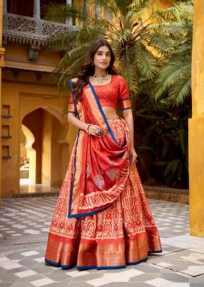 Traditional Elegance In Dola Silk Graceful Batik Art With Zari Weaving Designer Lehenga Choli Orange Color DN 1252