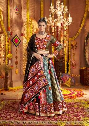 Traditional Ethnic Wear Viscose Rayon With Print And Thread Work With Mirror Work Navratri Chaniya Choli Black Color DN 11002