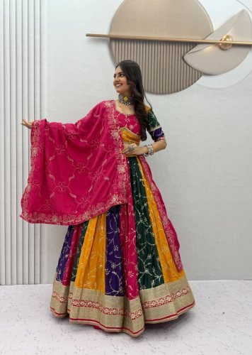 Traditional Milki Silk Chaniya Choli Set With Embroidery And Sequence Work Navrtati Lehemga Choli Multi Color DN 326 