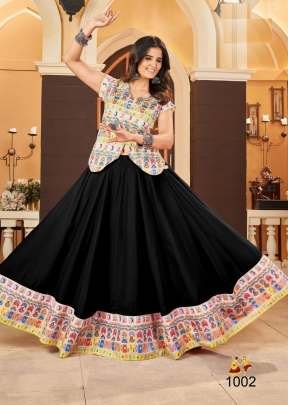 Traditional Navratri Garba Nights Heavy Banglori And Print Work With Lase Patti Lehenga Blouse Set Black Color 