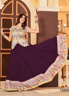 Traditional Navratri Garba Nights Heavy Banglori And Print Work With Lase Patti Lehenga Blouse Set Purple Color 