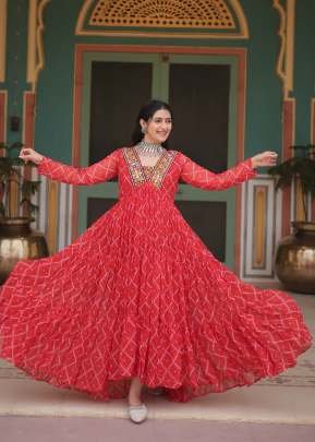 Traditional Navratri Gown Faux Georgette Bandhani Print  With Kutchi Patchework Work Anarkali Gown Red Color DN 1120