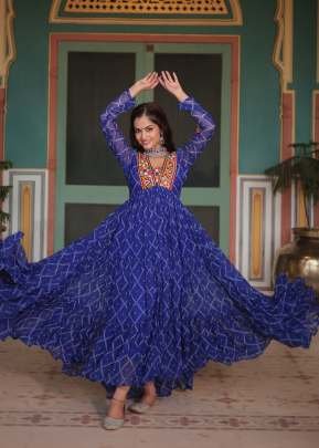 Traditional Navratri Gown Faux Georgette Bandhani Print  With Kutchi Patchework Work Anarkali Gown Blue Color DN 1120