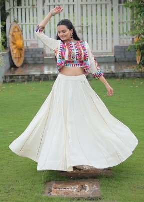 Traditional  Navratri Roman fabric Kutchi And Gamthi With Embroidered Work Lehenga Choly White Color DN 7132