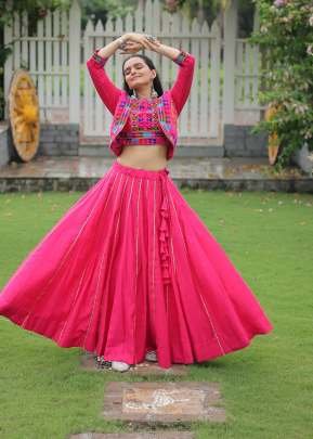 Traditional  Navratri Roman fabric Kutchi And Gamthi With Embroidered Work Lehenga Choly Pink Color DN 7132