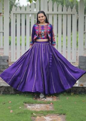 Traditional  Navratri Roman fabric Kutchi And Gamthi With Embroidered Work Lehenga Choly Purple Color DN 7132