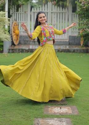 Traditional  Navratri Roman fabric Kutchi And Gamthi With Embroidered Work Lehenga Choly Parrot Color DN 7132