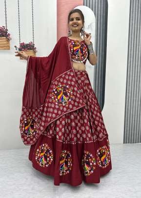 Traditional Pure Cotton Gamathi Work With Mirror Lace work Navratri Lehenga Choli Maroon Color DN 256