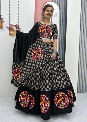 Traditional Pure Cotton Gamathi Work With Mirror Lace work Navratri Lehenga Choli Black Color DN 256