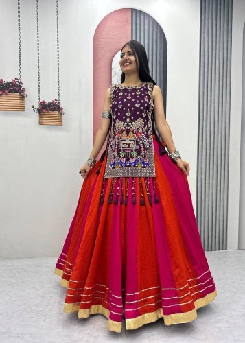 Traditional Vichitra Silk Lehenga Choli Set With Heavy Thread And Sequence Work Navratri Lehenga Choli Red Color DN 579A