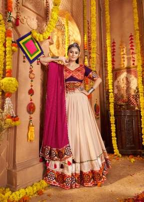 Traditional Viscose Rayon With Print And Thread Work With Mirror Work Navratri Chaniya Choli Beige Color DN 11001