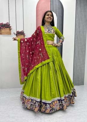 Traditionally Navratri Collection Pure Cotton And Embroidery Coding Sequence Work With Ribbon Lace Lehenga Choli Green Color DN 271