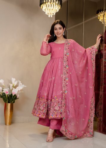 Trending Anarkali Soft Crunchy Silk With Embroidery Multi Sequence And Thread Work Gown Palazzo Dupatta Set Pink Color TD DN 6138 