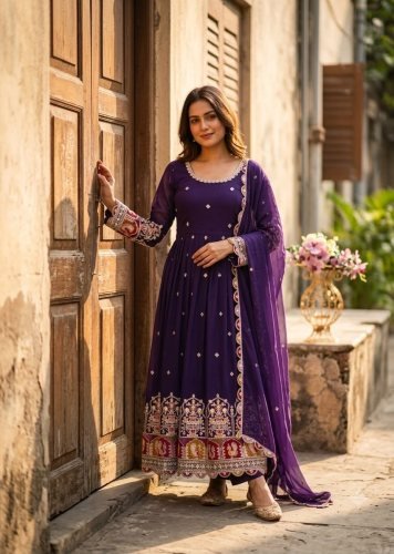  Trending Design Pure Blooming Georgette With Embroidery Sequence And Coding Dori Purple Color DN 1290