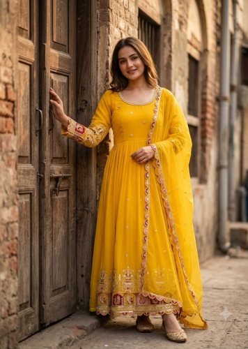  Trending Design Pure Blooming Georgette With Embroidery Sequence And Coding Dori Anarkali Gown Yellow Color DN 1290