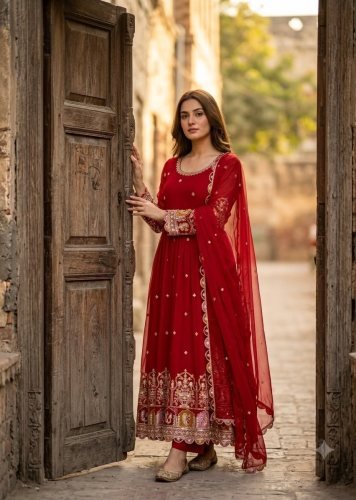 Trending Design Pure Blooming Georgette With Embroidery Sequence And Coding Dori Anarkali Gown Red Color DN 1290