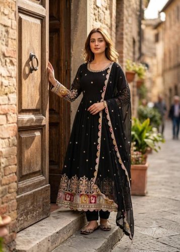  Trending Design Pure Blooming Georgette With Embroidery Sequence And Coding Dori Anarkali Gown Black Color DN 1290