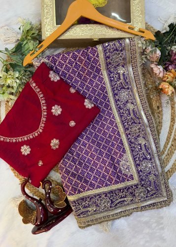 Trending Designer Saree Soft Chinnon Silk With Beautiful Print Embroidery Work Purple Color LFH NC DN 5633