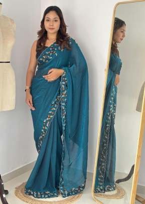  Trending Fendy Chirfforn Fabrics Soft Two Tone Party Wear Handwork With Zarkhand Diamond  Work Teal Blue Color Saree 