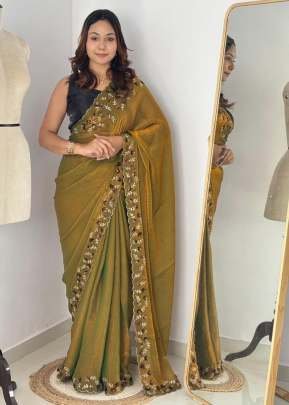  Trending Fendy Chirfforn Fabrics Soft Two Tone Party Wear Handwork With Zarkhand Diamond  Work Mehndi Color Saree 