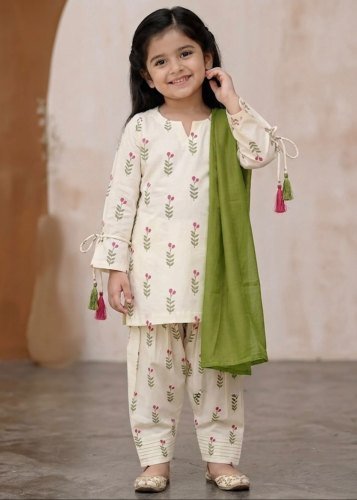 Trending New Designer kids Heavy Pure Cambric Cotton Top Farsi salwar And Dupatta Set Cream Color LFH MF DN 528