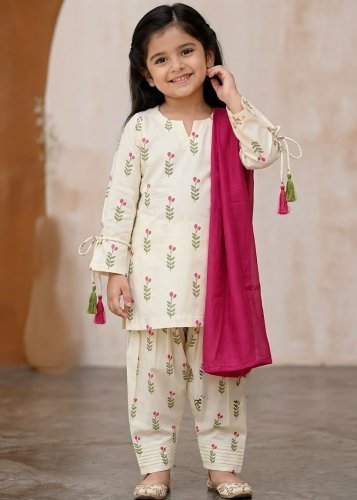 Trending New Designer kids Heavy Pure Cambric Cotton Top Farsi salwar And Dupatta Set Cream And Pink Color LFH MF DN 528