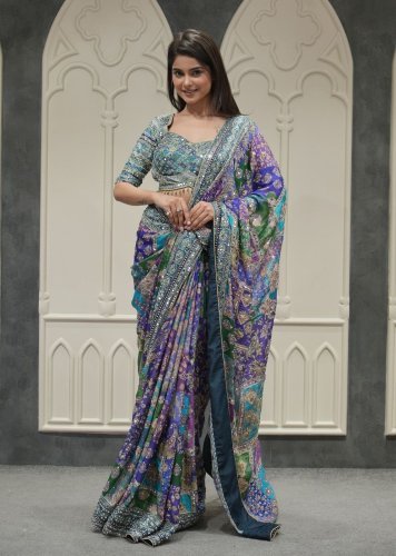 Trending Stylish Designer DN 5571 Premium Soft Chinnon With Beautiful Print And Handcrafted Real Mirror Work Blue Color