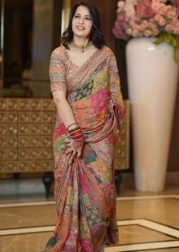 Trending Stylish Designer DN 5571 Premium Soft Chinnon With Beautiful Print And Handcrafted Real Mirror Work Multi Color