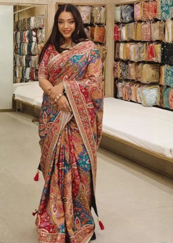 Trending Stylish Designer DN 5571 Premium Soft Chinnon With Beautiful Print And Handcrafted Real Mirror Work Pink Color