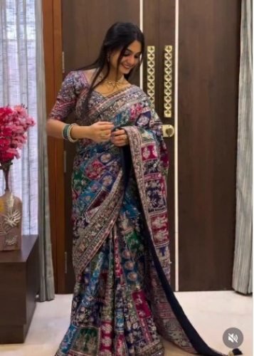 Trending Stylish Designer DN 5571 Premium Soft Chinnon With Beautiful Print And Handcrafted Real Mirror Work Nevy Blue Color