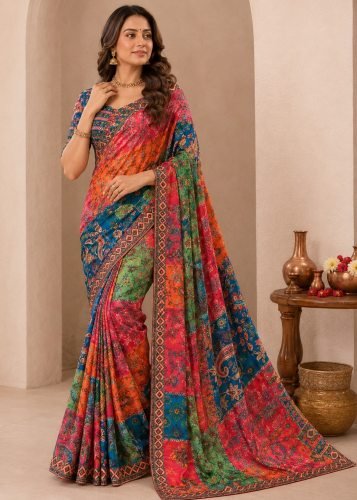 Trending Stylish Designer DN 5571 Premium Soft Chinnon With Beautiful Print And Handcrafted Real Mirror Work Multi Color