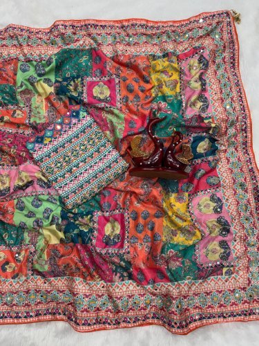 Trending Stylish Designer DN 5571 Premium Soft Chinnon With Beautiful Print And Handcrafted Real Mirror Work Multi Color