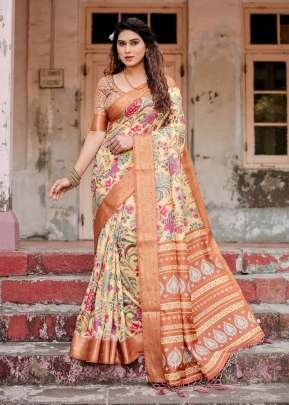 Tussar Silk Saree With Designer Print And Soft Finish Beige Color DN 1070
