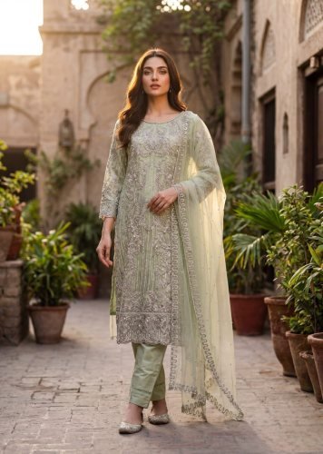 Twina Vol 1 Exclusive Designer Soft Net With Heavy Embroidery Work Ready Made Pakistani Suit Mint Green Color
