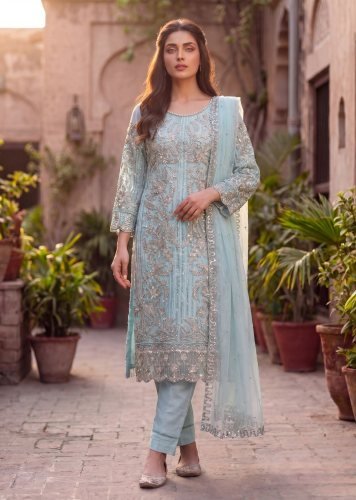Twina Vol 1 Exclusive Designer Soft Net With Heavy Embroidery Work Ready Made Pakistani Suit Sky Blue Color