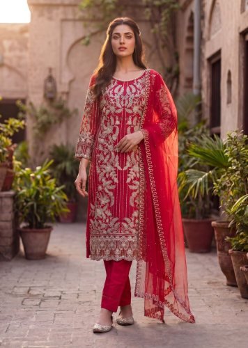 Twina Vol 1 Exclusive Designer Soft Net With Heavy Embroidery Work Ready Made Pakistani Suit Red Color