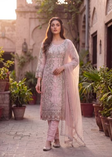 Twina Vol 1 Exclusive Designer Soft Net With Heavy Embroidery Work Ready Made Pakistani Suit Pink Color