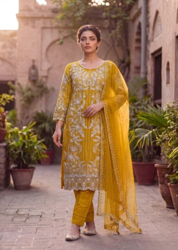 Twina Vol 1 Exclusive Designer Soft Net With Heavy Embroidery Work Ready Made Pakistani Suit Yellow Color