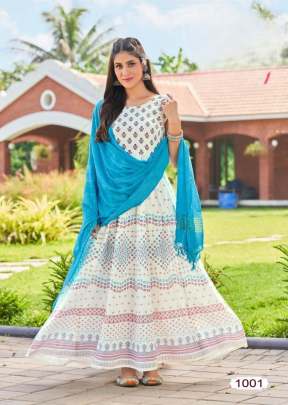 Udan Vol 2 Rayon 14Kg With Foil Print With Heavy Dupatta Anarkali Kurtis White Color DN 1001