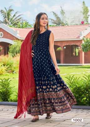 Udan Vol 2 Rayon 14Kg With Foil Print With Heavy Dupatta Anarkali Kurtis Nevy Blue Color DN 1002