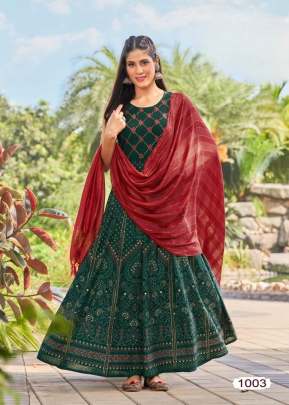 Udan Vol 2 Rayon 14Kg With Foil Print With Heavy Dupatta Anarkali Kurtis Green Color DN 1003