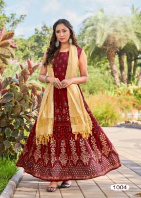 Udan Vol 2 Rayon 14Kg With Foil Print With Heavy Dupatta Anarkali Kurtis Maroon Color DN 1004