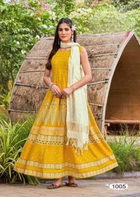 Udan Vol 2 Rayon 14Kg With Foil Print With Heavy Dupatta Anarkali Kurtis Yellow Color DN 1005