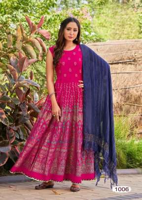 Udan Vol 2 Rayon 14Kg With Foil Print With Heavy Dupatta Anarkali Kurtis Dark Pink Color DN 1006